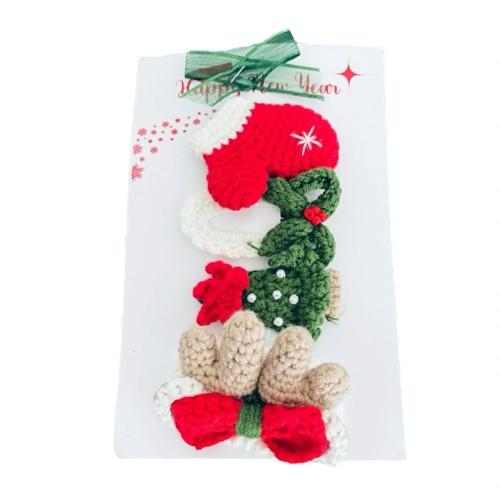 Artisan handcrafted holiday Christmas crochet hair clips Tree, mitten, bows New
